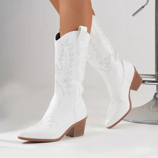 Image of Lynne | Women's Embroidered Mid-Calf Block Heel Cowboy Boots