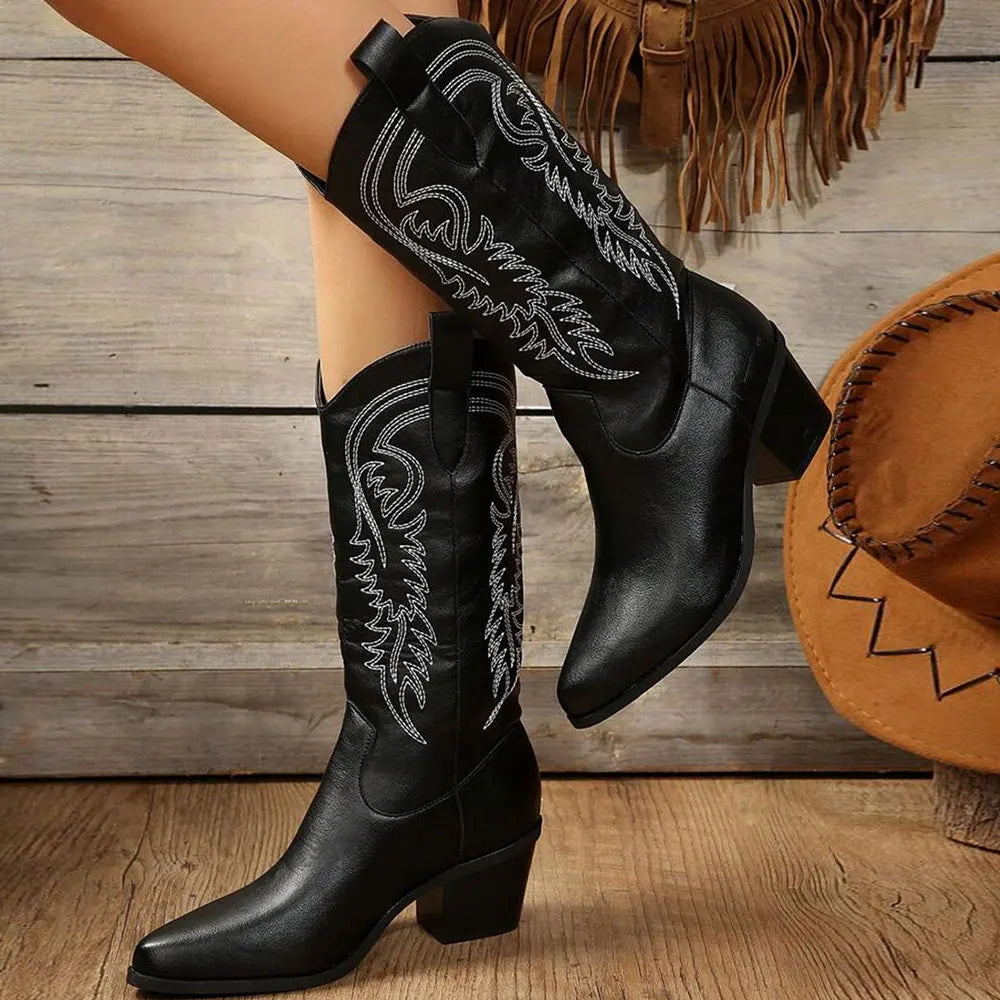 Image of Lynne | Women's Embroidered Mid-Calf Block Heel Cowboy Boots