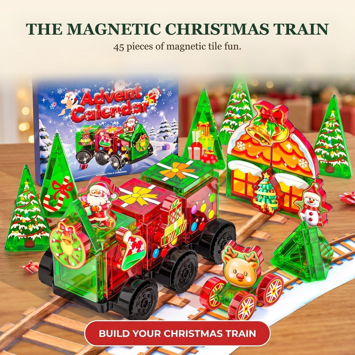 Magnetic Tiles Christmas Train Advent Calendar, 45-Piece Kids Set