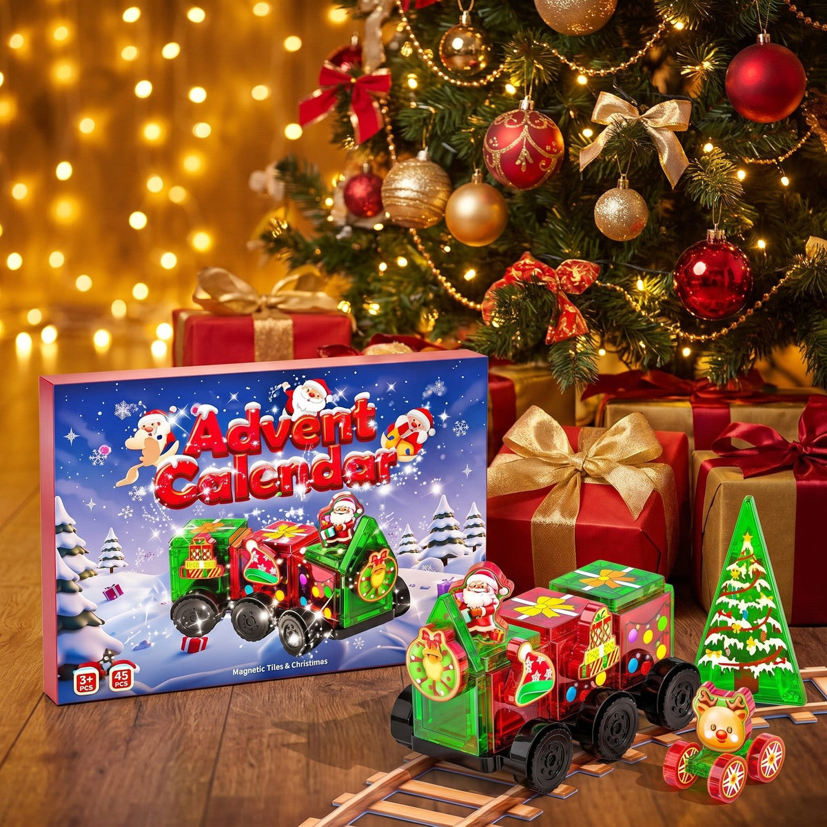 Magnetic Tiles Christmas Train Advent Calendar, 45-Piece Kids Set