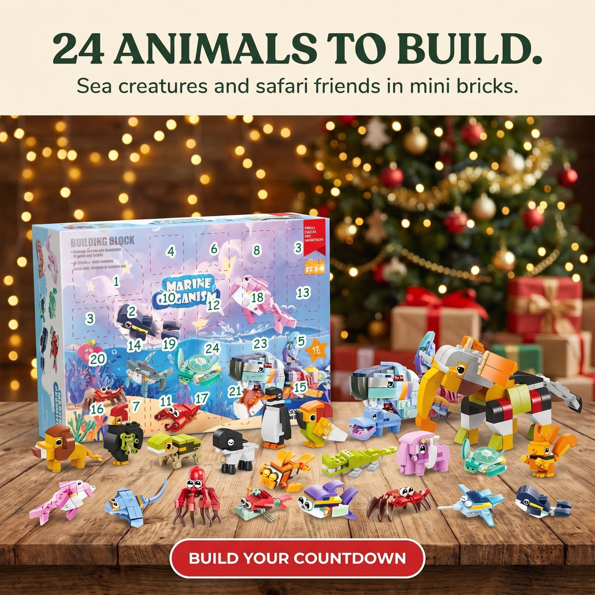 Sea and Safari Animal Brick Advent Calendar, 24 Builds plus Big Sea Creature
