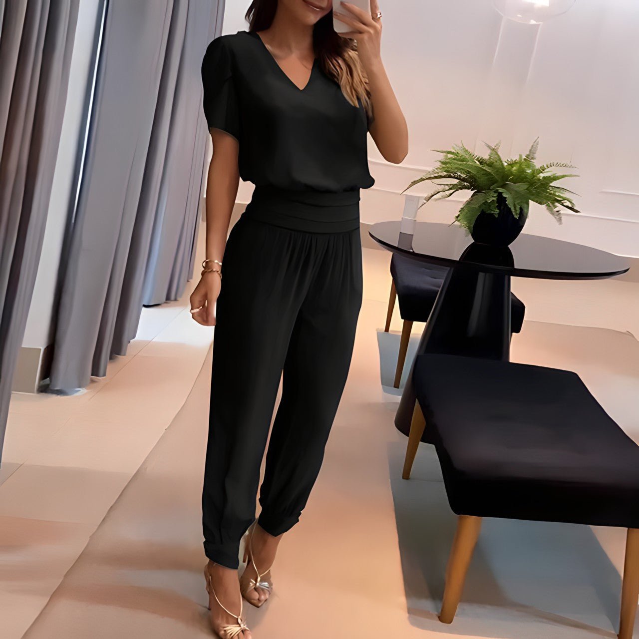 Image of Martha | Women's V-Neck Relaxed Fit Two-Piece Set