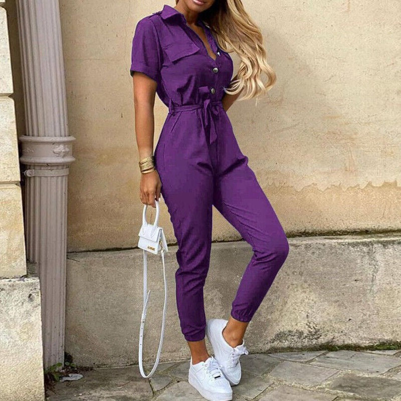 Image of Mckenzie | Women's Belted Short Sleeve Jumpsuit