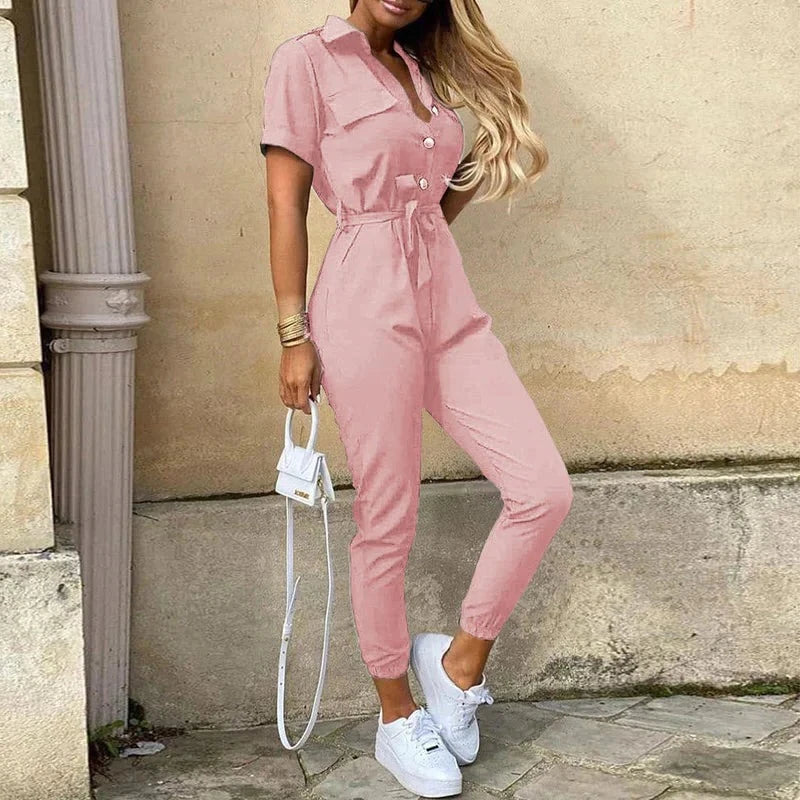 Image of Mckenzie | Women's Belted Short Sleeve Jumpsuit