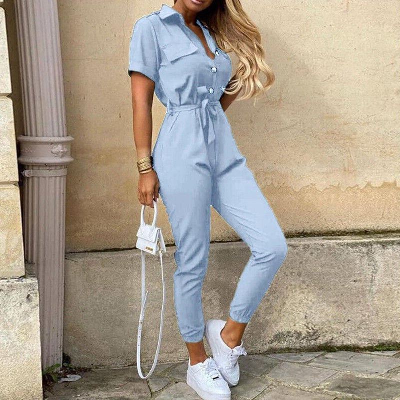 Image of Mckenzie | Women's Belted Short Sleeve Jumpsuit