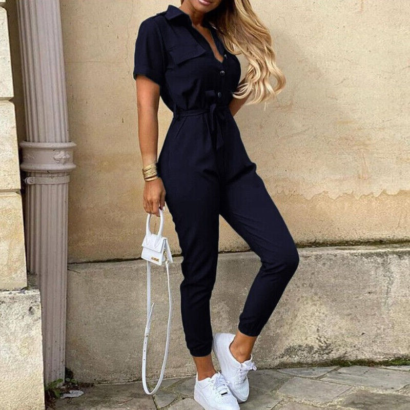 Image of Mckenzie | Women's Belted Short Sleeve Jumpsuit