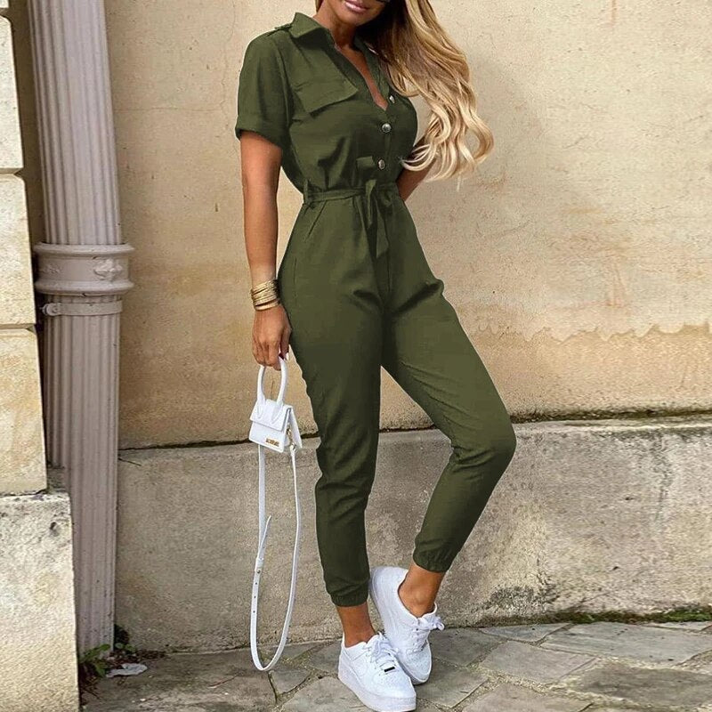 Image of Mckenzie | Women's Belted Short Sleeve Jumpsuit