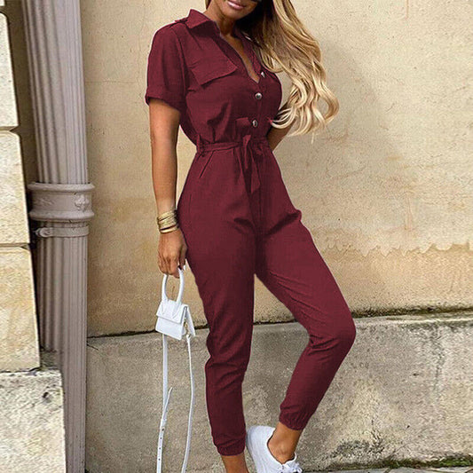 Image of Mckenzie | Women's Belted Short Sleeve Jumpsuit