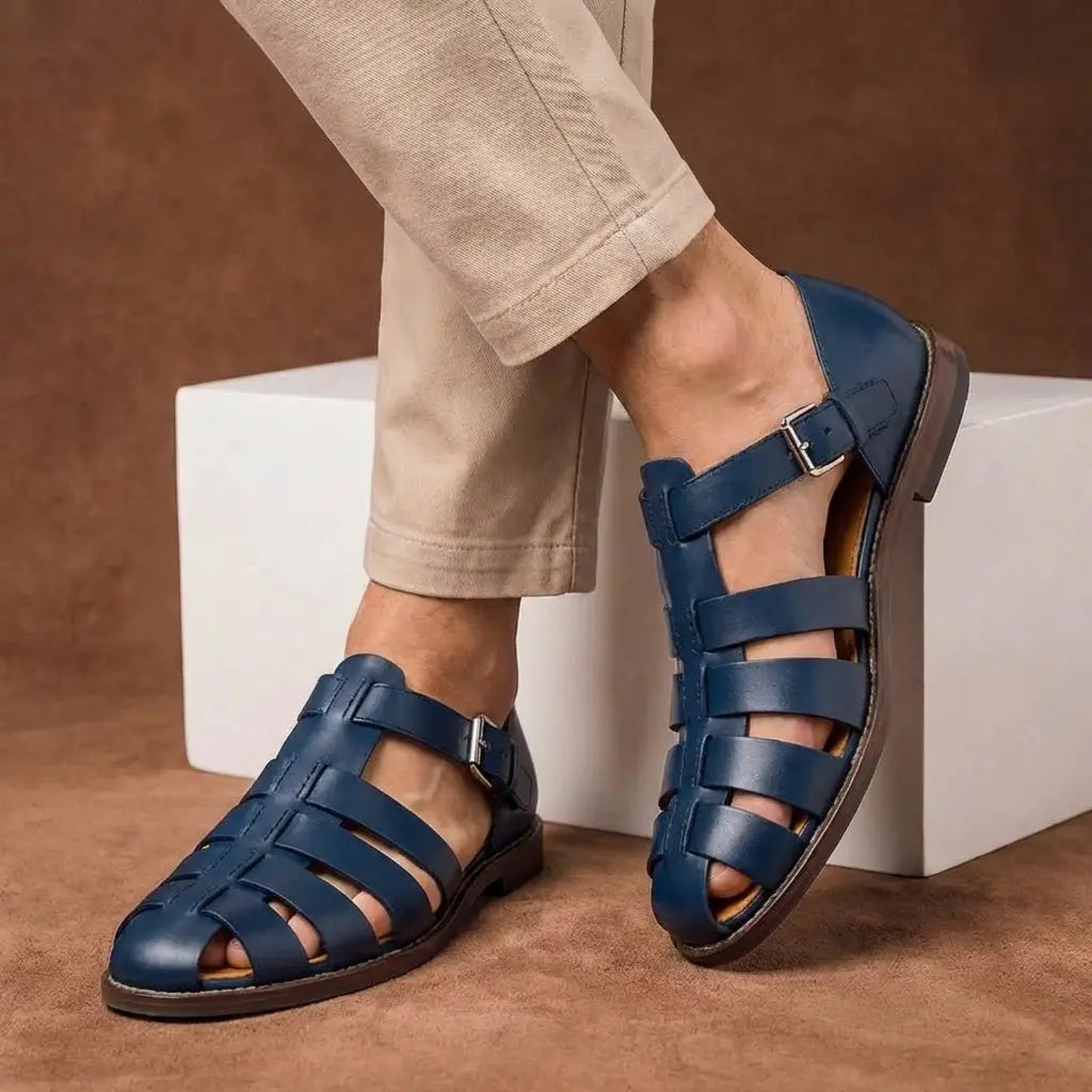Men's Closed-Toe Leather Fisherman Sandals with Buckle Strap
