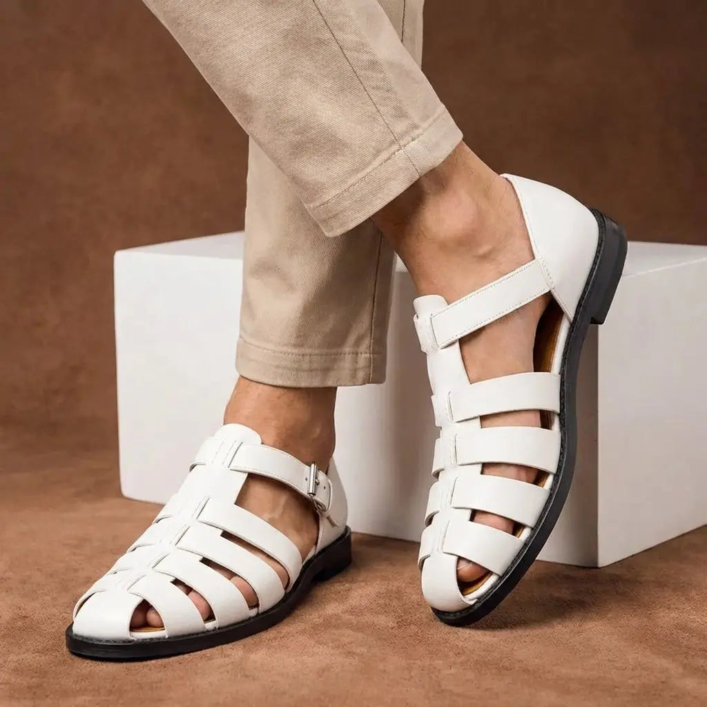 Men's Closed-Toe Leather Fisherman Sandals with Buckle Strap
