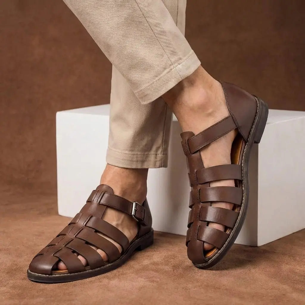Men's Closed-Toe Leather Fisherman Sandals with Buckle Strap
