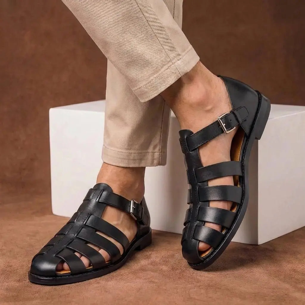 Men's Closed-Toe Leather Fisherman Sandals with Buckle Strap