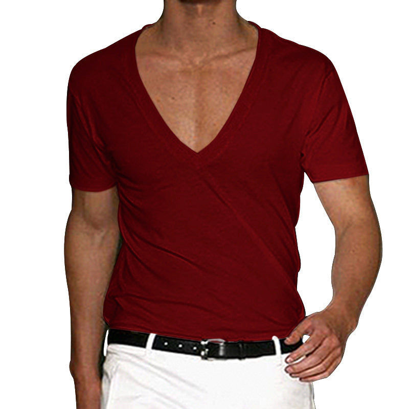 Men's Cotton-Stretch Deep V-Neck Short-Sleeved Shirt with Tailored Fit