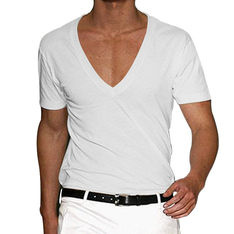 Men's Cotton-Stretch Deep V-Neck Short-Sleeved Shirt with Tailored Fit