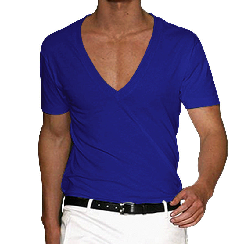 Men's Cotton-Stretch Deep V-Neck Short-Sleeved Shirt with Tailored Fit