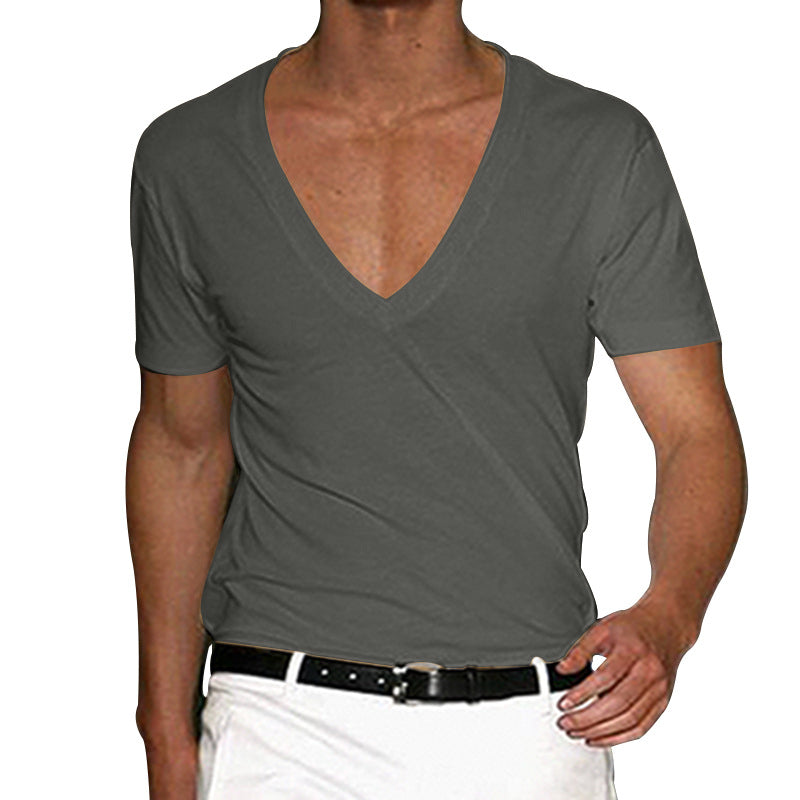Men's Cotton-Stretch Deep V-Neck Short-Sleeved Shirt with Tailored Fit