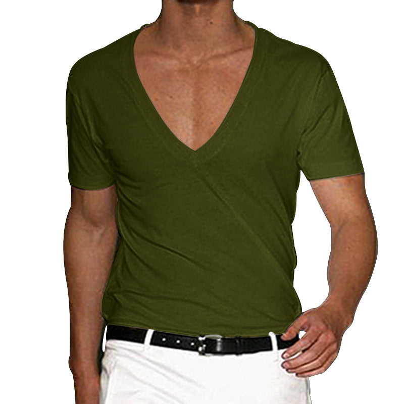 Men's Cotton-Stretch Deep V-Neck Short-Sleeved Shirt with Tailored Fit