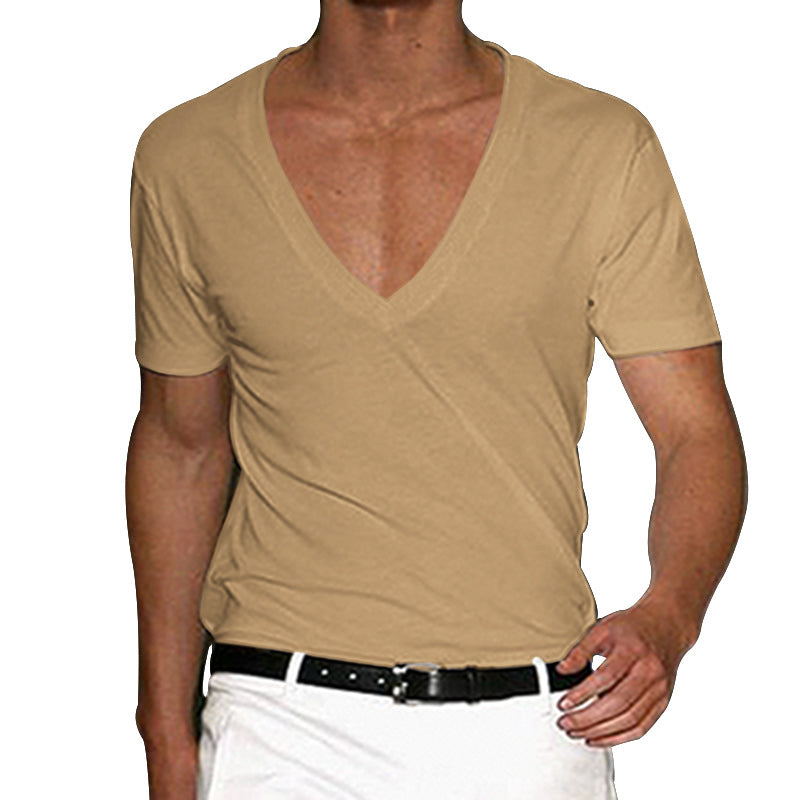 Men's Cotton-Stretch Deep V-Neck Short-Sleeved Shirt with Tailored Fit