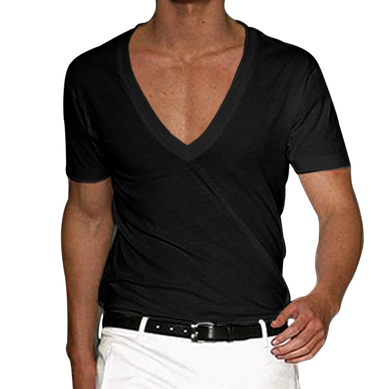 Men's Cotton-Stretch Deep V-Neck Short-Sleeved Shirt with Tailored Fit