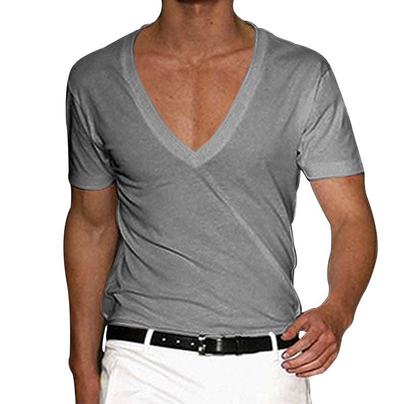 Men's Cotton-Stretch Deep V-Neck Short-Sleeved Shirt with Tailored Fit