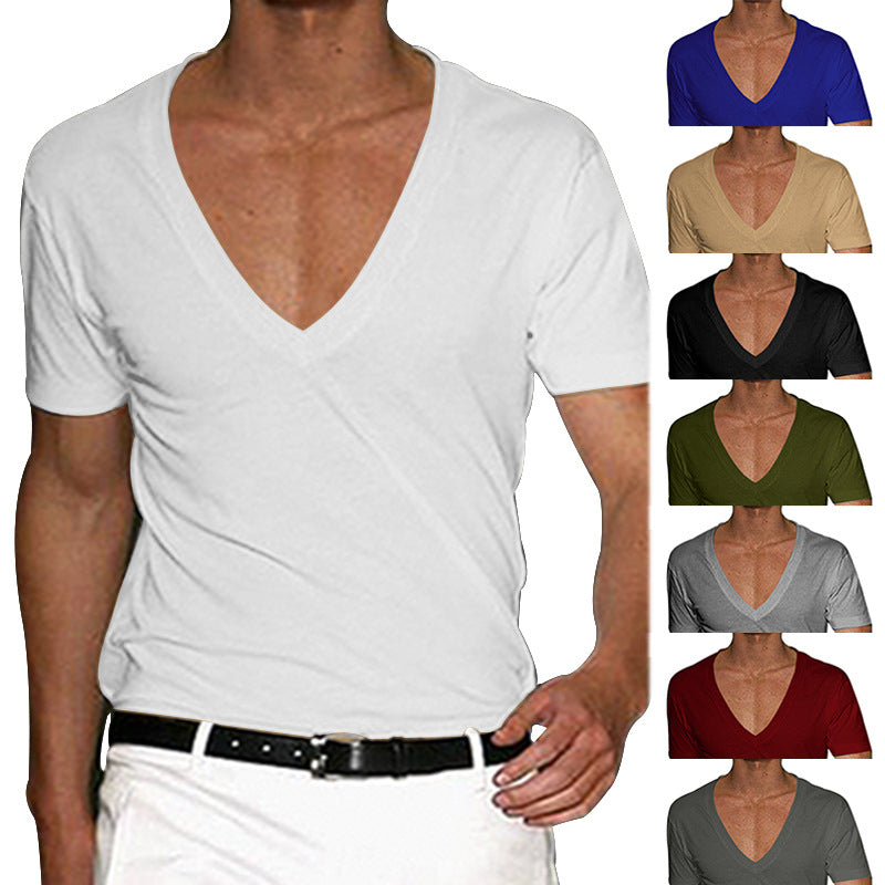 Men's Cotton-Stretch Deep V-Neck Short-Sleeved Shirt with Tailored Fit