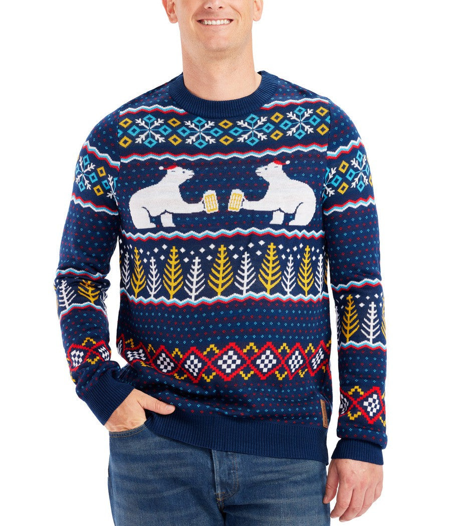 Men's Fair Isle Christmas Sweater with Toasting Polar Bears in Santa Hats