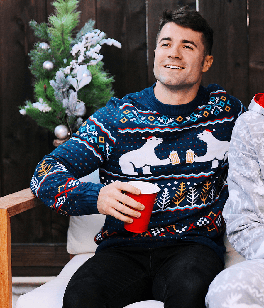 Men's Fair Isle Christmas Sweater with Toasting Polar Bears in Santa Hats
