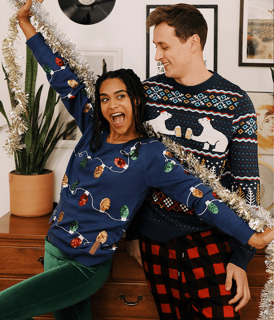 Men's Fair Isle Christmas Sweater with Toasting Polar Bears in Santa Hats