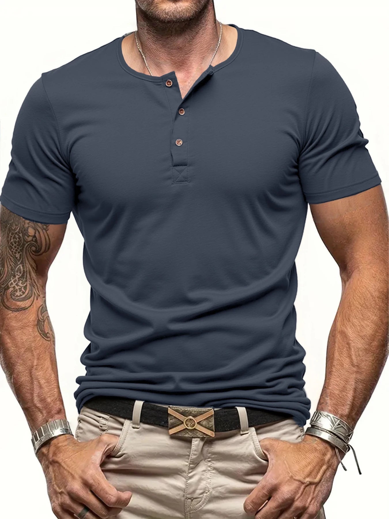 Men's Henley Shirt with Ribbed Collar & Comfort Fit