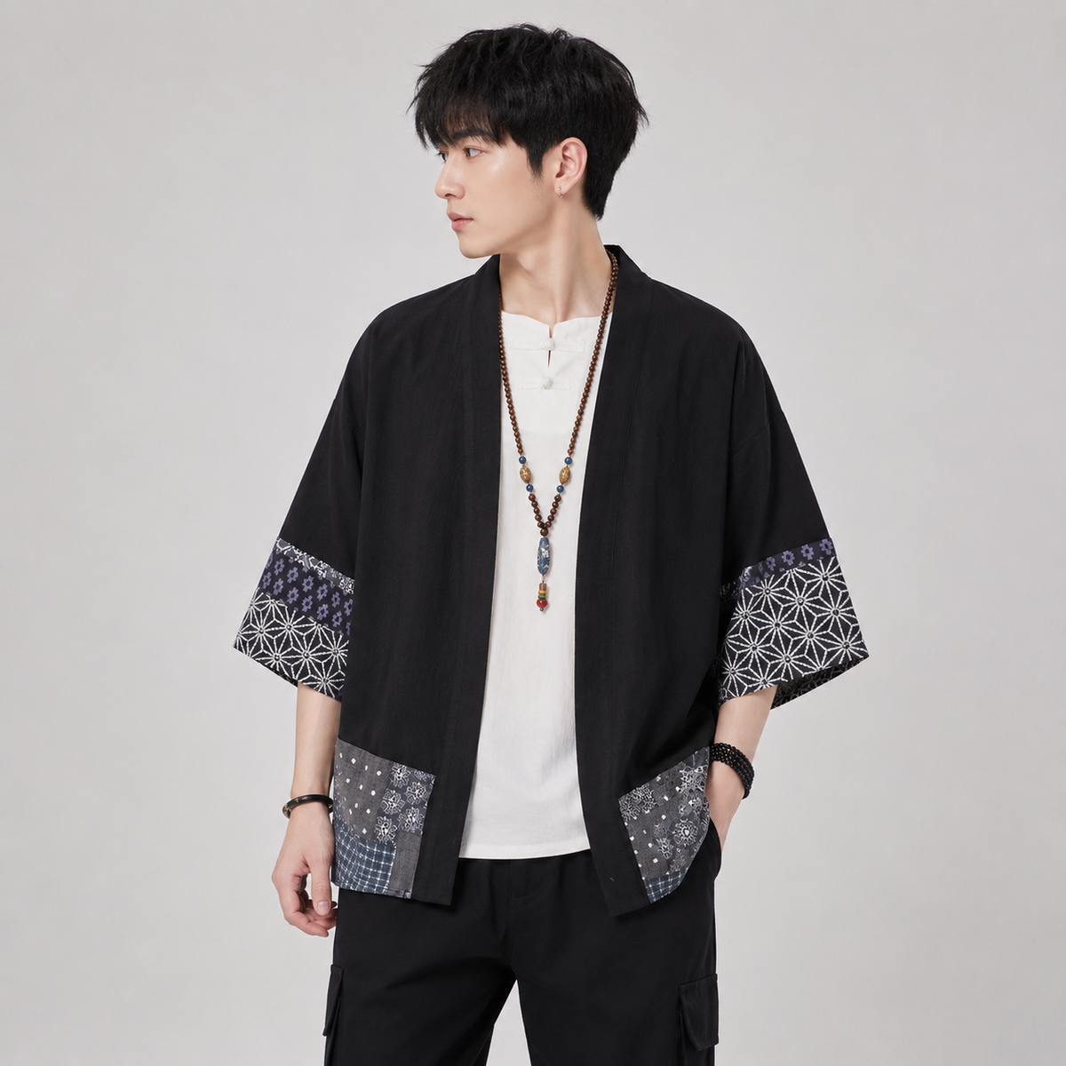 Men's Japanese-Style Navy Pattern Haori Yukata Kimono Jacket