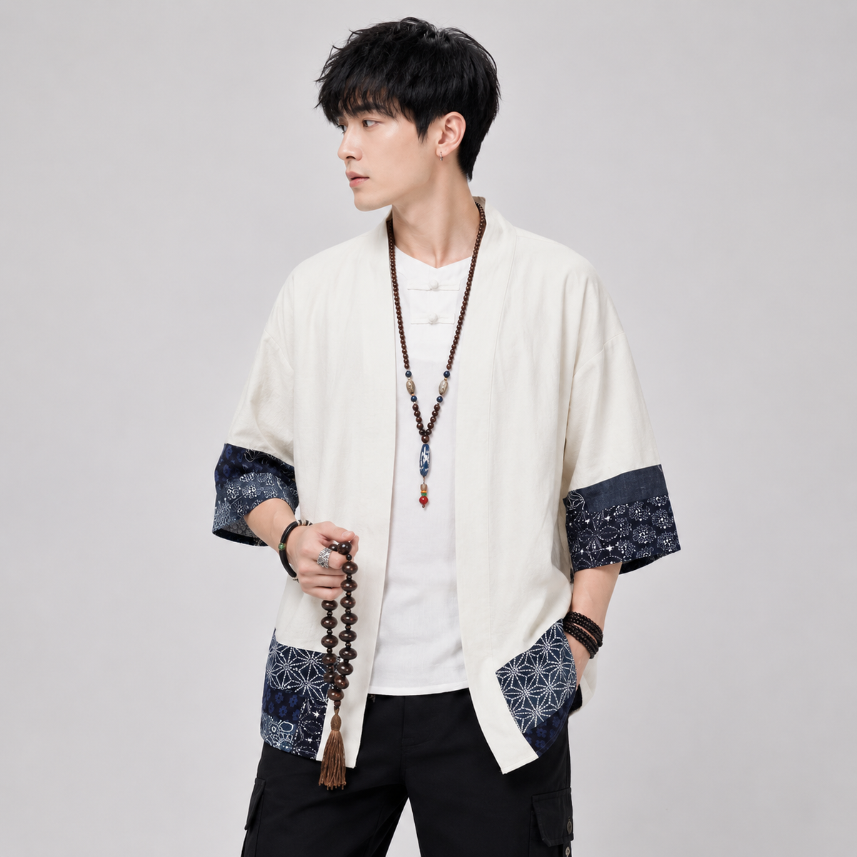 Men's Japanese-Style Navy Pattern Haori Yukata Kimono Jacket