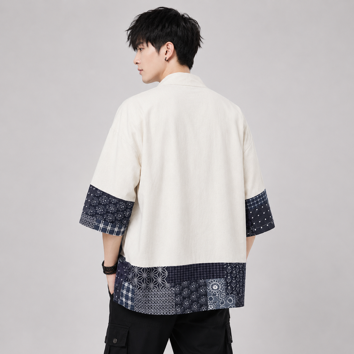 Men's Japanese-Style Navy Pattern Haori Yukata Kimono Jacket