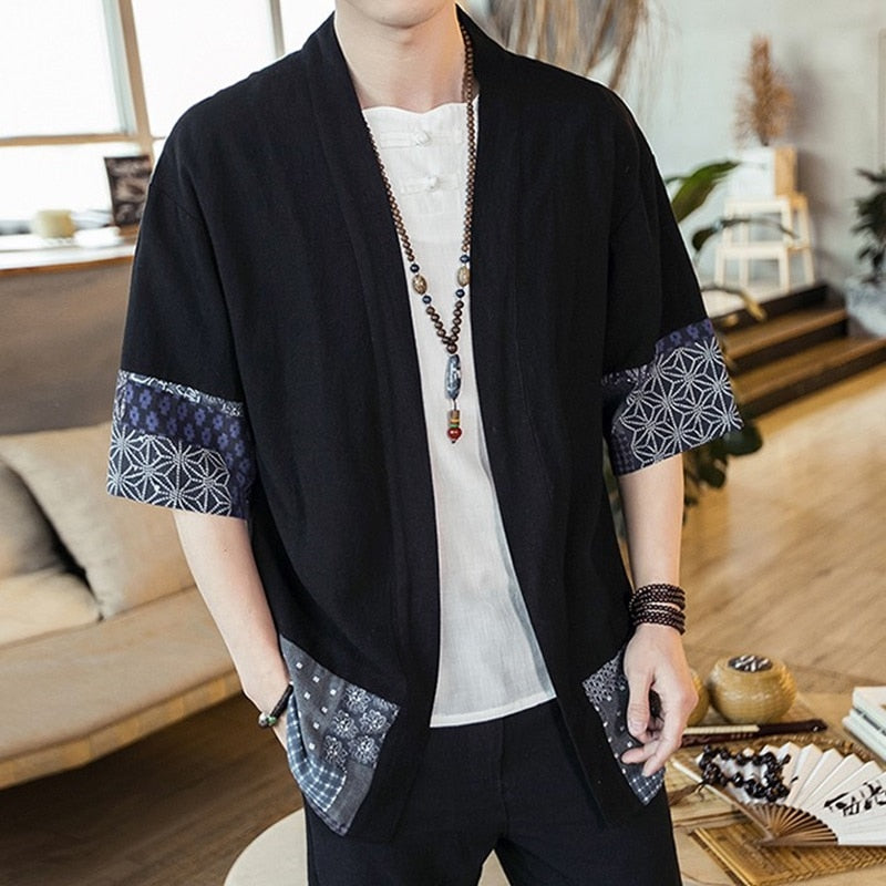 Men's Japanese-Style Navy Pattern Haori Yukata Kimono Jacket
