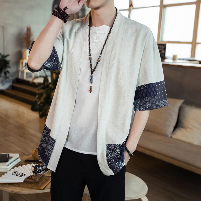 Men's Japanese-Style Navy Pattern Haori Yukata Kimono Jacket