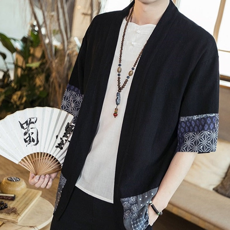 Men's Japanese-Style Navy Pattern Haori Yukata Kimono Jacket