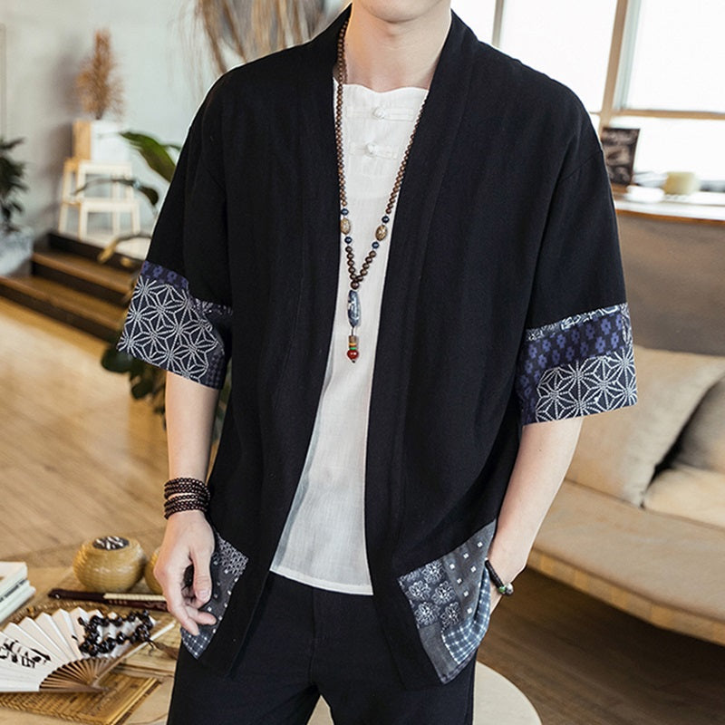 Men's Japanese-Style Navy Pattern Haori Yukata Kimono Jacket