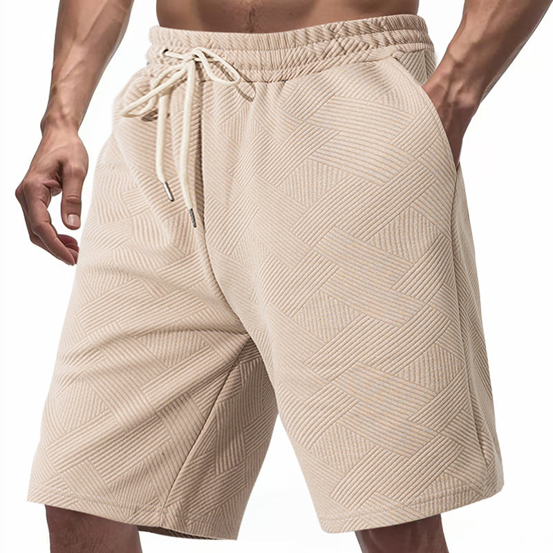 Men's Knee-Length Textured Swim Shorts with Drawstring Elastic Waistband and Side Pockets
