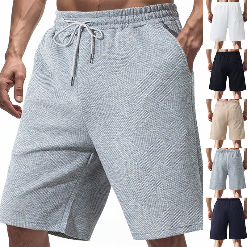 Men's Knee-Length Textured Swim Shorts with Drawstring Elastic Waistband and Side Pockets