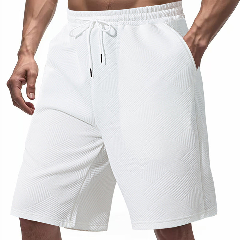 Men's Knee-Length Textured Swim Shorts with Drawstring Elastic Waistband and Side Pockets