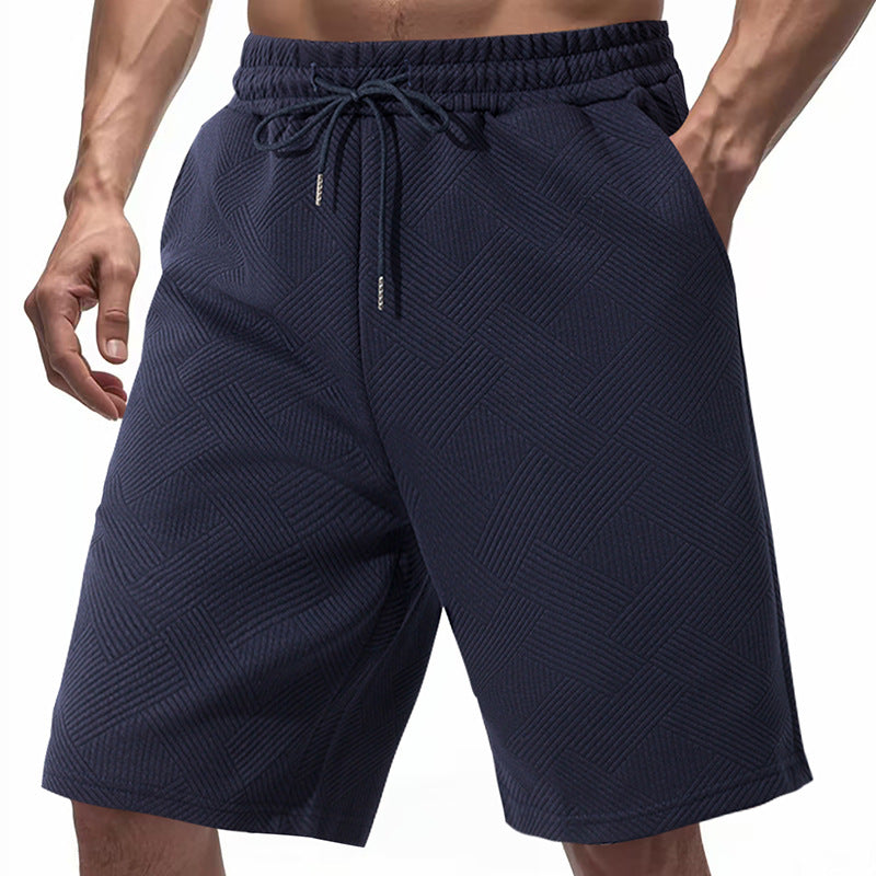 Men's Knee-Length Textured Swim Shorts with Drawstring Elastic Waistband and Side Pockets