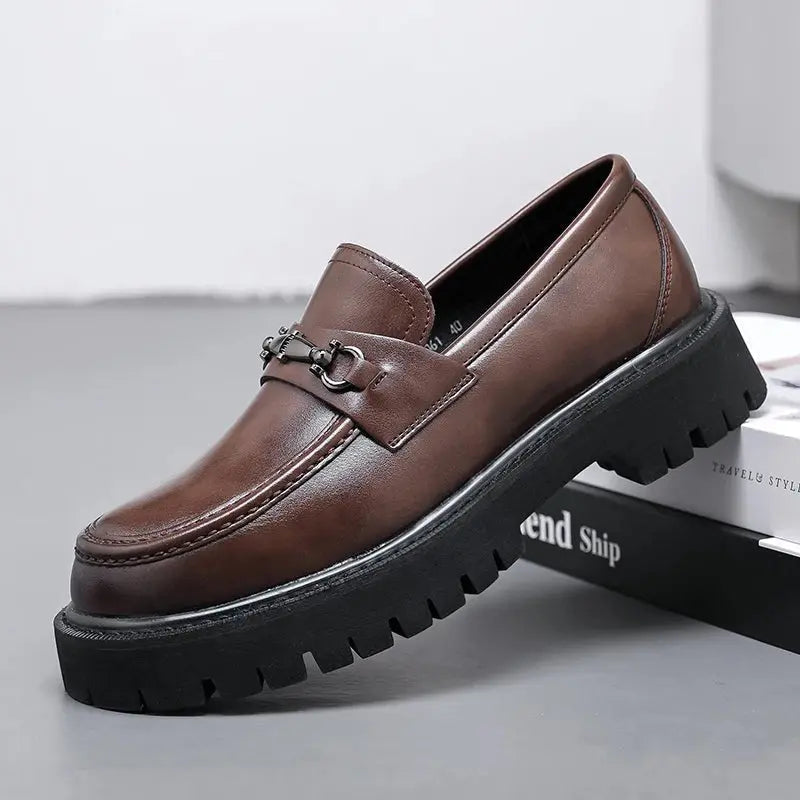 Men's Leather Loafers with Metal Buckle, Slip-On