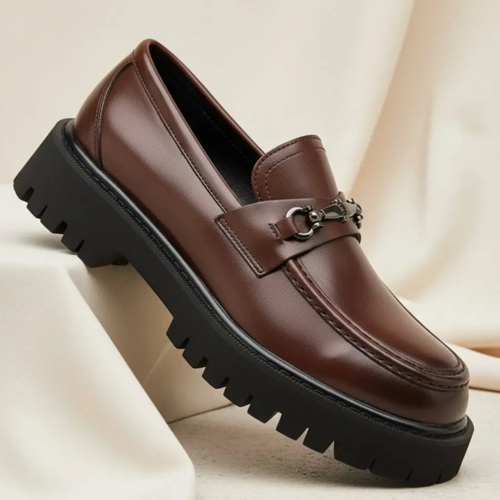 Men's Leather Loafers with Metal Buckle, Slip-On