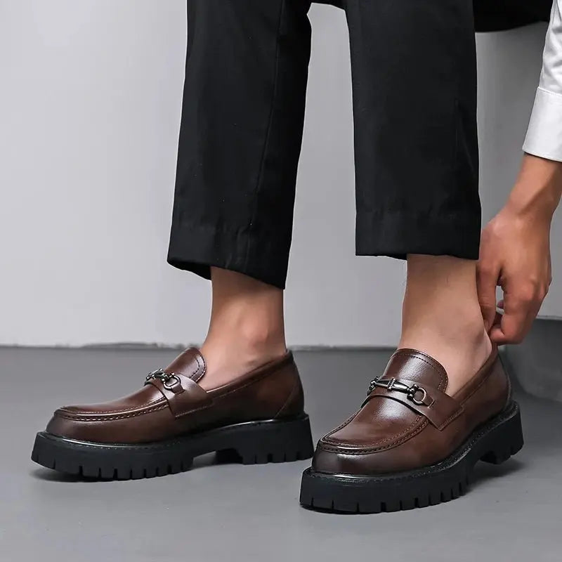 Men's Leather Loafers with Metal Buckle, Slip-On