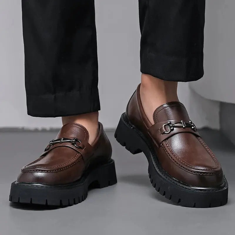 Men's Leather Loafers with Metal Buckle, Slip-On