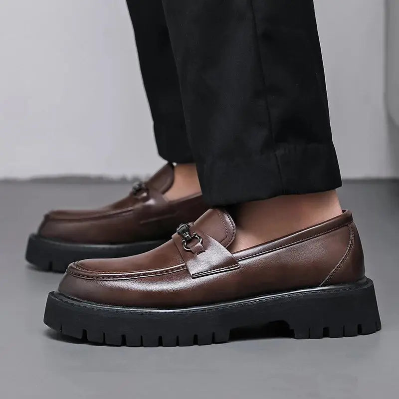 Men's Leather Loafers with Metal Buckle, Slip-On