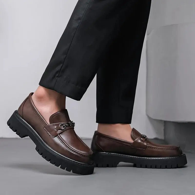 Men's Leather Loafers with Metal Buckle, Slip-On