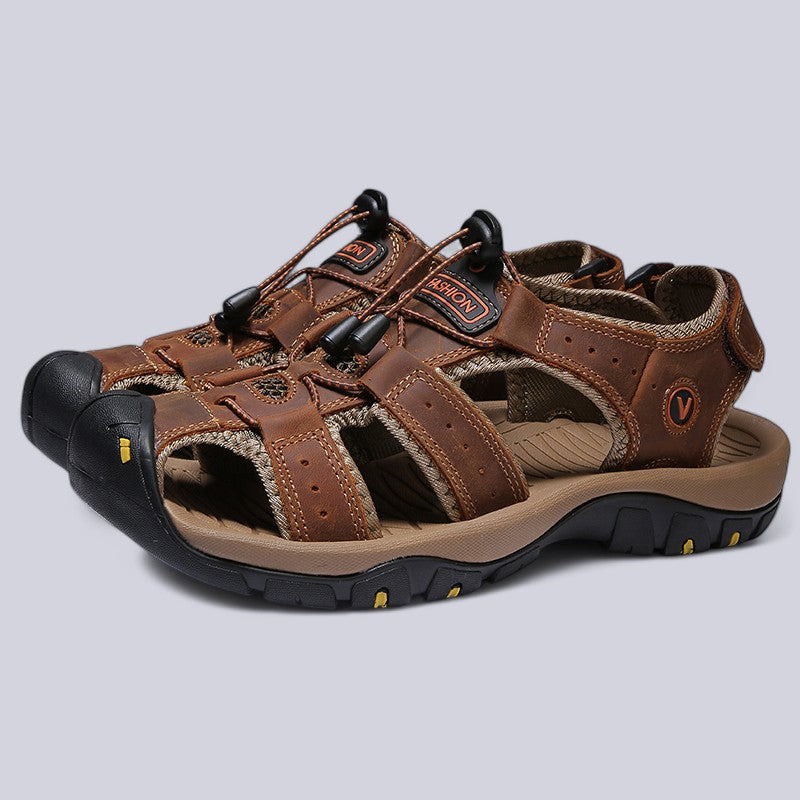 Men's Leather Upper Sandals with Hook-and-Loop Strap