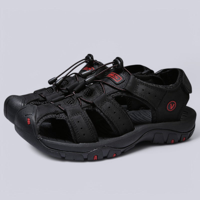 Men's Leather Upper Sandals with Hook-and-Loop Strap