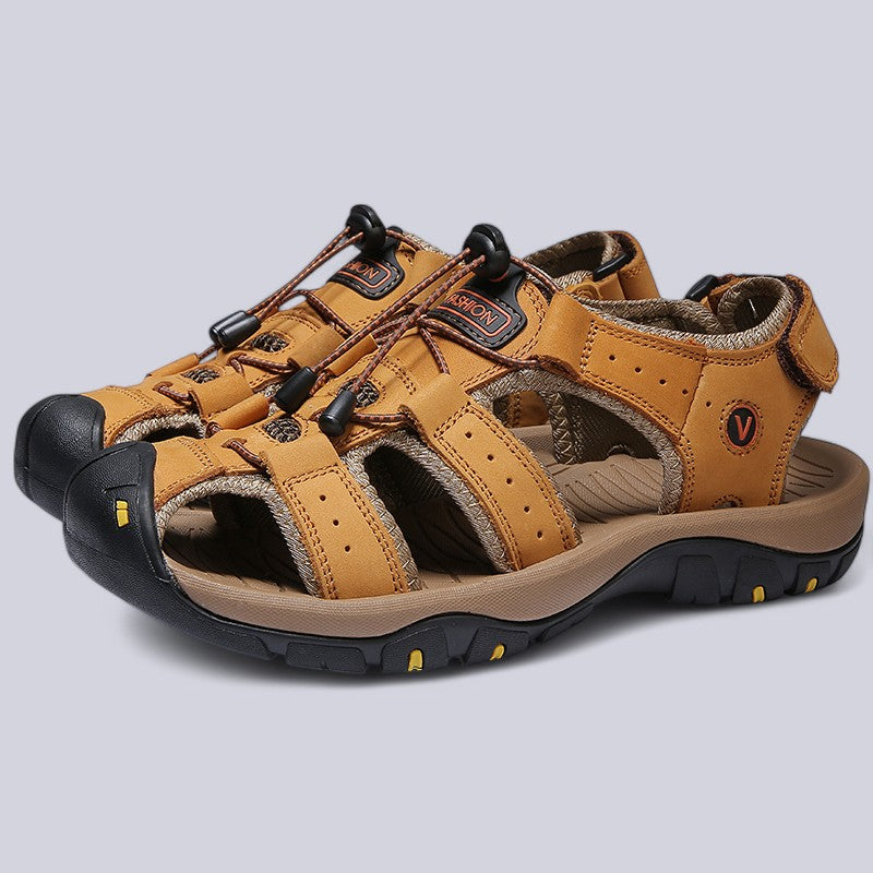 Men's Leather Upper Sandals with Hook-and-Loop Strap