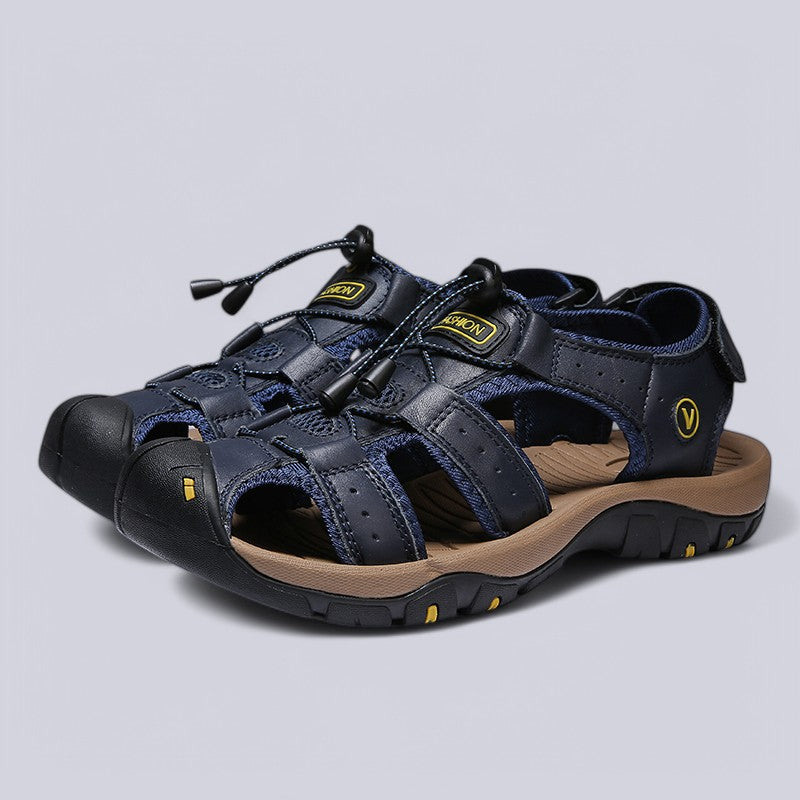 Men's Leather Upper Sandals with Hook-and-Loop Strap